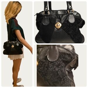Vintage Black Leather and Suede Floral Patchwork Shoulder Bag